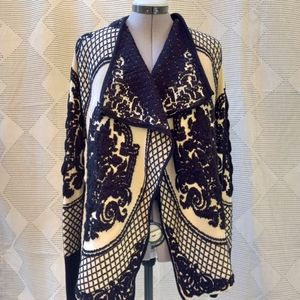 Black and White Baroque Edwardian Pattern Open Front Draped Cardigan Swe…